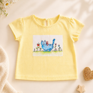 T-shirt Amarela "Gatinho Azul no Jardim"