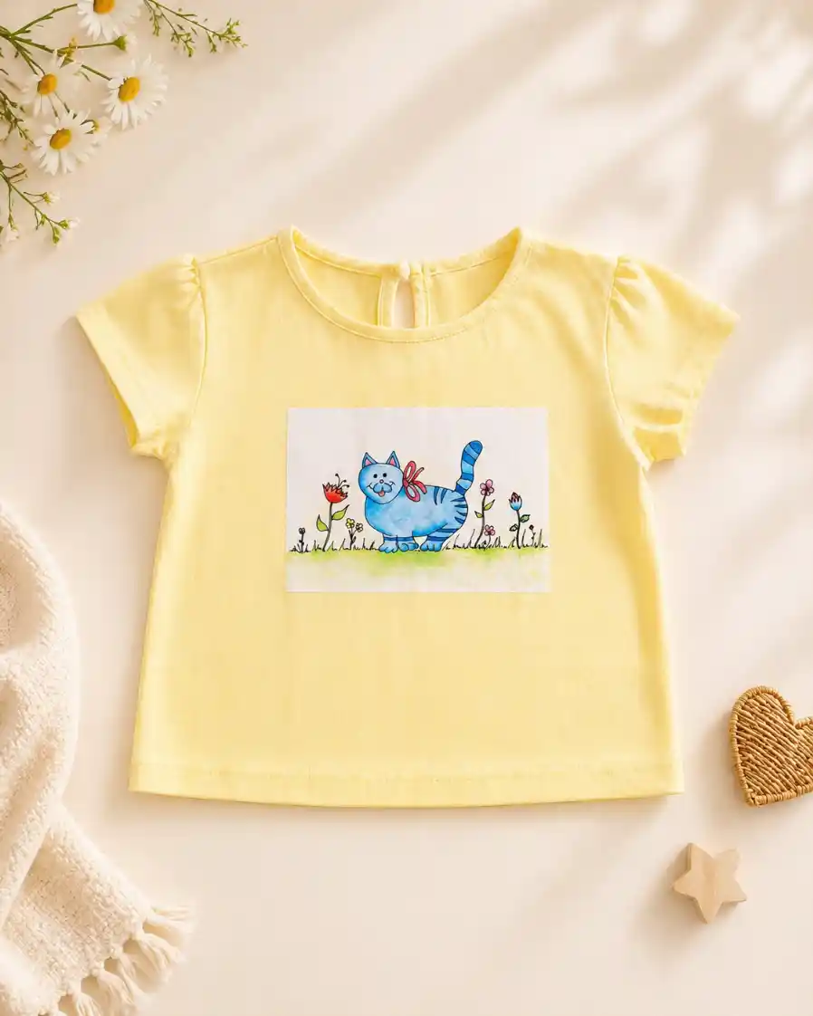 T-shirt Amarela "Gatinho Azul no Jardim"