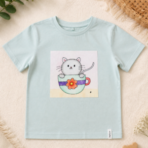 T-shirt Verde Água "Gatinho na Chávena"