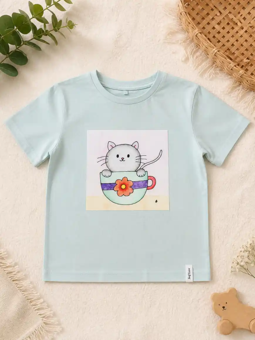 T-shirt Verde Água "Gatinho na Chávena"